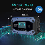 Qoltec Inteligentna ładowarka do  akumulatora STD AGM GEL LiFePO4 |  Prostownik z funkcją naprawy |12-24V |10A |  LCD | 9 - stopniowe ładowanie - 4
