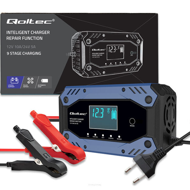 Qoltec Inteligentna ładowarka do  akumulatora STD AGM GEL LiFePO4 |  Prostownik z funkcją naprawy |12-24V |10A |  LCD | 9 - stopniowe ładowanie