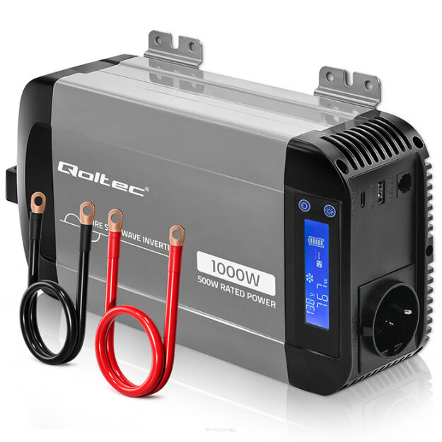 Qoltec Przetwornica napięcia | 500W | 1000W | 12V na 230V | Czysty Sinus | USB |LiFePO4